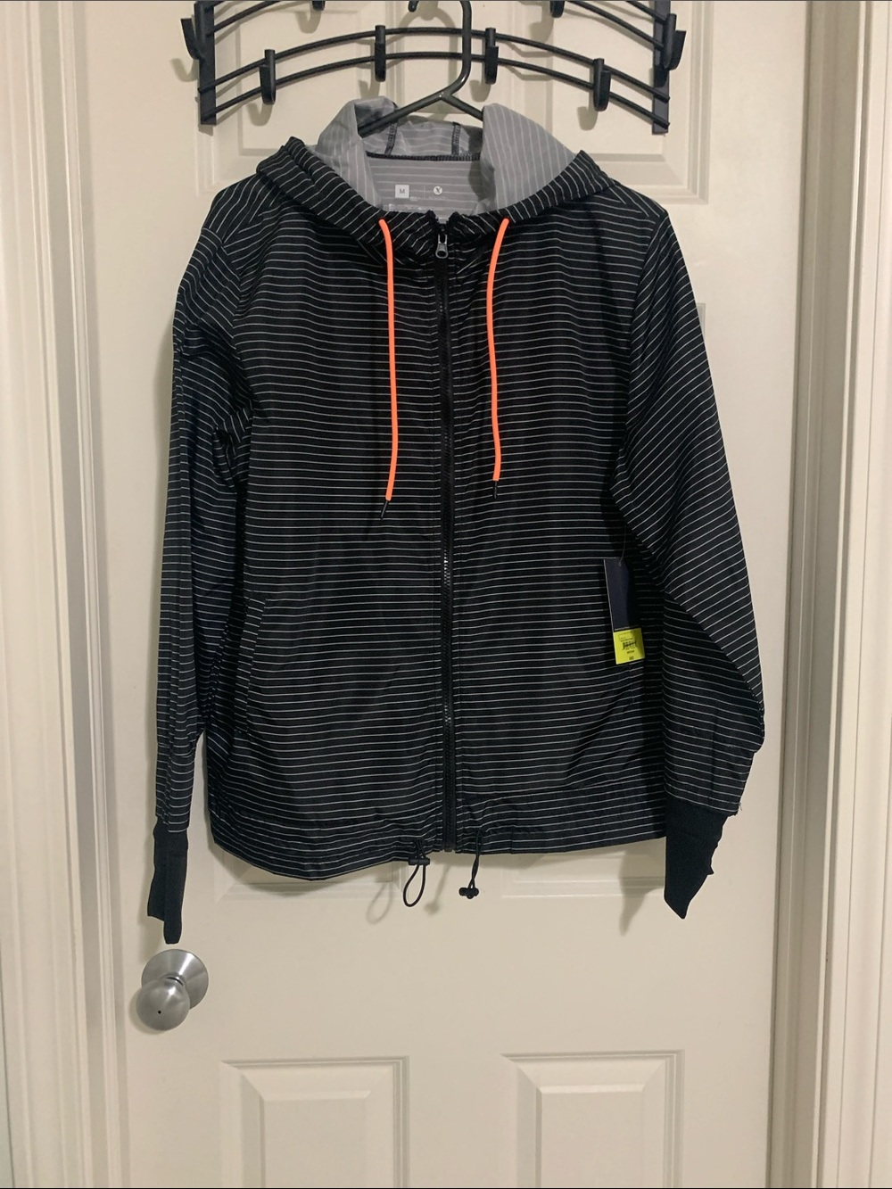 Xersion Black Striped Hooded Jacket with Neon Orange Drawstrings